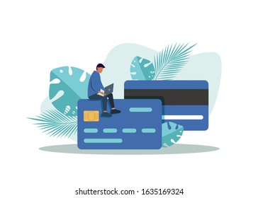 Banking concept illustration of man sitting on credit cards and using mobile smart phone for online banking and accounting. Flat men and women with credit cards. Vector