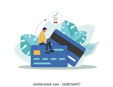 Banking concept illustration of man sitting on credit cards and using mobile smart phone for online banking and accounting. Flat men and women with credit cards. Vector