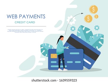 Banking concept illustration of man sitting on credit cards and using mobile smart phone for online banking and accounting. Flat men and women with credit cards. Vector