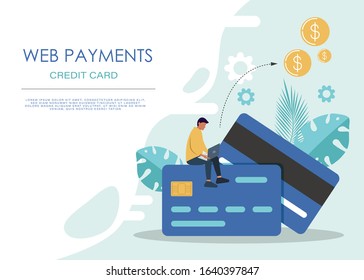 Banking concept illustration of man sitting on credit cards and using mobile smart phone for online banking and accounting. Flat men and women with credit cards. Vector