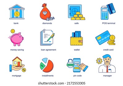 Banking concept line icons set. Pack outline pictograms of bank, diamond, safe, pos terminal, money saving, loan agreement, wallet, credit card. Vector flat elements for mobile app and web design