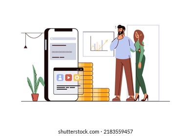 Banking concept with people scene in flat cartoon style. Couple chooses banking services in a smartphone to carry out profitable financial transactions. Vector illustration.