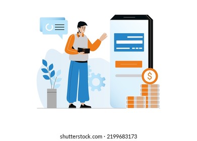 Banking concept with people scene in the flat cartoon style. Man wants to carry out all the necessary financial transactions with help of internet banking on his phone. Vector illustration.
