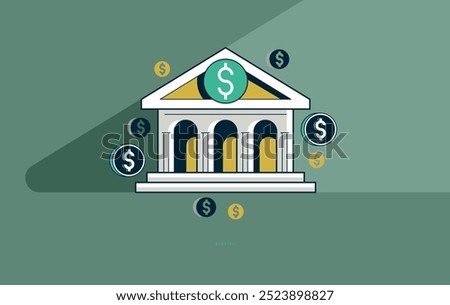 Banking concept poster, bank building vector icon style illustration, e-banking metaphor, classic style architecture bank building, e-bank.
