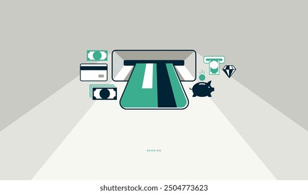 Banking concept poster, bank credit card inserted into ATM with different icons vector illustration, different operations, online banking.