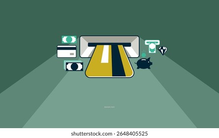 Banking concept poster, bank credit card inserted into ATM with different icons vector illustration, different operations, online banking.