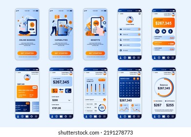 Banking concept screens set for mobile app template. People make online transactions and manage financial account. UI, UX, GUI user interface kit for smartphone application layouts. Vector design