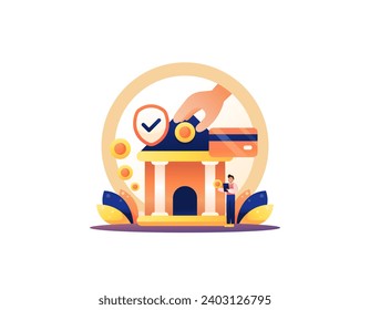 Bankkonzept. Banksicherheit. Sicherheit der Kundeneinsparungen und Sicherheit der Transaktionen. Bankgebäude mit Kunden, Debitkarten und Münzen. Design des Illustrationskonzepts. grafische Elemente