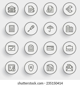 Banking contour icons with buttons on gray background.