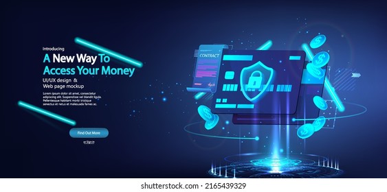 Banking credit card and a futuristic hologram with a contract. Modern banking management with high level security. Credit, debit banking card for online payment, money transfers, protection. Vector