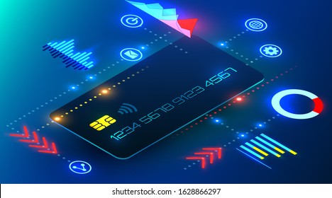 Banking credit card with infographics elements. Futuristic cyber style. Online banking analytic. Vector illustration