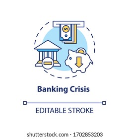 Banking crisis concept icon. Economic emergency, bank run idea thin line illustration. Financial institution bankruptcy, loss of investments. Vector isolated outline RGB color drawing. Editable stroke