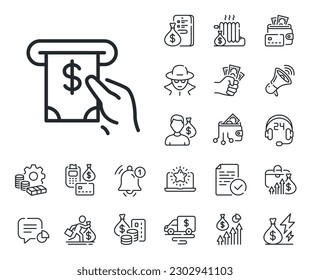 Banking currency sign. Cash money, loan and mortgage outline icons. Cash money line icon. Dollar or USD symbol. ATM service. ATM service line sign. Credit card, crypto wallet icon. Vector