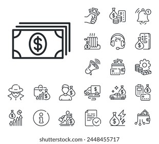 Bankwährungszeichen. Bargeld, Kredit und Hypothek Gliederungssymbole. Symbol für die Position des Bargelds. Dollar- oder USD-Symbol. Banking Line-Zeichen. Kreditkarte, Krypto-Wallet-Symbol. Inflation, Arbeitsentgelt. Vektorgrafik