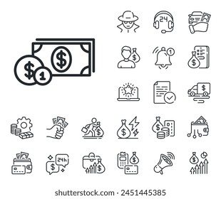 Banking currency sign. Cash money, loan and mortgage outline icons. Cash money with Coins line icon. Dollar or USD symbol. Dollar money line sign. Credit card, crypto wallet icon. Vector