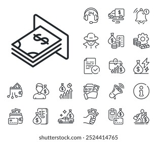 Signo de moneda bancaria. Dinero en efectivo, préstamos e iconos de esquema de hipoteca. Icono de línea de dinero en efectivo. Símbolo de dólar o USD. Signo de línea de dinero ATM. Tarjeta de crédito, icono de monedero cripto. Inflación, salario laboral. Vector