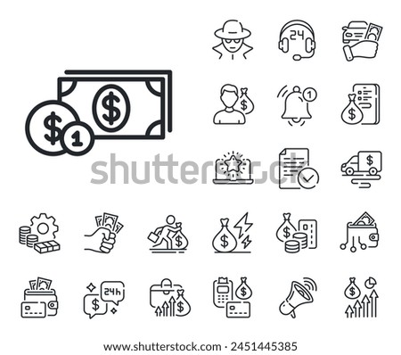 Banking currency sign. Cash money, loan and mortgage outline icons. Cash money with Coins line icon. Dollar or USD symbol. Dollar money line sign. Credit card, crypto wallet icon. Vector