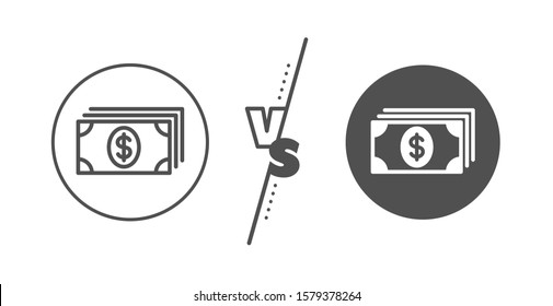 Signo de moneda bancaria. Contra concepto. Icono de línea de dinero en efectivo. Símbolo dólar o USD. Icono de línea frente a banco clásico. Vector