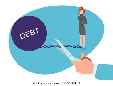 Banking debt burden chain debtor woman character, hand hold scissors help repay money loan flat vector illustration, isolated on white.