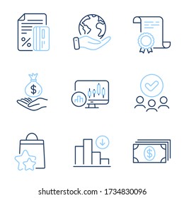Banking, Decreasing graph and Candlestick chart line icons set. Diploma certificate, save planet, group of people. Loyalty points, Income money and Credit card signs. Vector