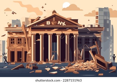 Banking Default and Bank Crisis or as Banks bankruptcy due debt with financial instability or insolvency concept as an global market problem as vector illustration. 