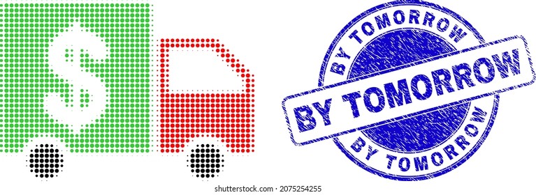 Banking delivery halftone dotted icon with By Tomorrow stamp. Blue vector round scratched stamp with By Tomorrow phrase inside circle form. Halftone banking delivery icon array contains round points.