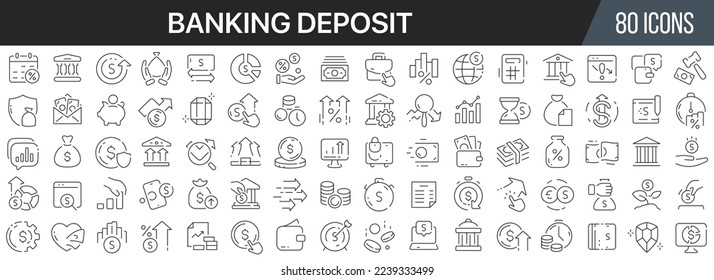 Kollektion von Symbolen für Bankeinlagen. Das große UI-Icon wird in einem flachen Design gesetzt. Paket mit den Symbolen der dünnen Umrisse. Vektorgrafik EPS10