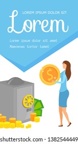 Banking Deposit System Flyer, Brochure Template. Money Protection Web Banner. Female Banker Holding Big Coin Cartoon Character. Woman Putting Cash in Safe Flat Vector Illustration with Text Space