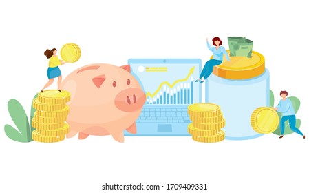 Banking deposit vector illustration. Money Savings concept. Cash protection. Finance saving banner. Money investment. Piggy bank with laptop and stacked glass jar vector illustration. 