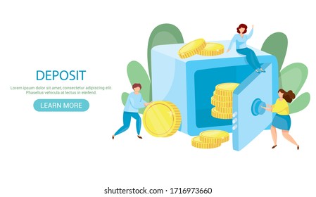 Banking deposit vector illustration. Money Savings concept. Bank safe with coins inside. Cash protection. Finance saving banner. Money investment. Bank cell vector illustration. Web site banner Header