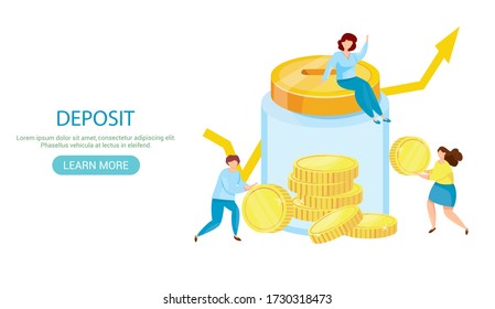 Banking deposit vector illustration. Money savings concept. Jar with coins inside Cash protection. Web site banner. Landing page. 