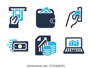 Conjunto de iconos de transacciones bancarias y digitales. Iconos de la serie de glifos sólidos