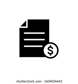 Banking document dollar file finance money page icon in black flat on white background, Vector icon