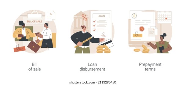 Banking documents abstract concept vector illustration set. Bill of sale, loan disbursement, prepayment terms, credit terms and conditions, payment method, sales contract, deposit abstract metaphor.