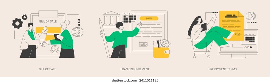 Banking documents abstract concept vector illustration set. Bill of sale, loan disbursement, prepayment terms, credit terms and conditions, payment method, sales contract, deposit abstract metaphor.