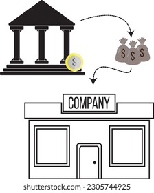 ¡Los sueños bancarios se hacen realidad! Ilustración vectorial de una empresa, bolsa de dinero y banco, perfecta para financiamiento de negocios. Simboliza la seguridad y la prosperidad.