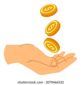 Banking and earning money, isolated hand holding dollar coins. Investment and business deal, buying or paying, commerce and economic growth, donation and charity. Vector in flat style illustration