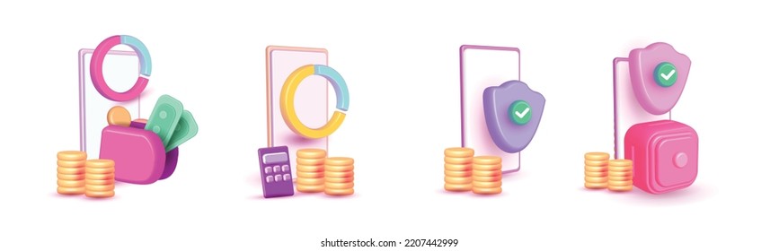 banking earning realistic vector icon set 3d render promotion, payment, card,mobile in colorful smart phone app concept. web atm save money wallet 