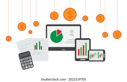 Banking economic development strategy. Trading solutions for investment, analysis concept. Sales analysis, data growth statistics, accounting infographics. Flat isometric illustration of economic depo