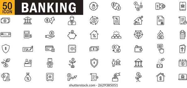 Banking editable outline icon set. Money, finance, savings, interest, credit, account, secure, wallet, currency, deposit and more.