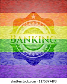 Banking emblem on mosaic background with the colors of the LGBT flag