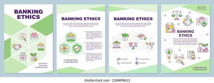 Banking ethics green brochure template. Sustainable bank. Leaflet design with linear icons. Editable 4 vector layouts for presentation, annual reports. Arial-Black, Myriad Pro-Regular fonts used