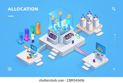 Banking exchange rate or payment distribution banner. Isometric sign for money allocation. Computer analytics for currency or gold ballance, fund rate. Federal reserve bank and inflation, invest theme