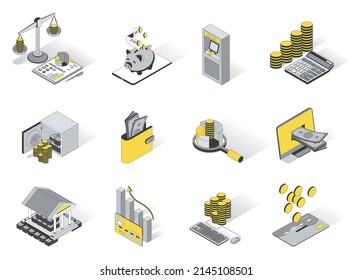 Banking and finance 3d isometric icons set. Pack elements of budget accounting, savings in piggy bank, ATM, keeping money in safe, financial statistics. Vector illustration in modern isometry design