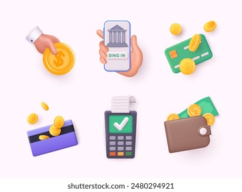 Banking, finance 3d render realistic vector icon set. Hand with coin, online banking, credit card, wallet with coins icon. 3D Web Vector Illustrations.