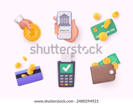 Banking, finance 3d render realistic vector icon set. Hand with coin, online banking, credit card, wallet with coins icon. 3D Web Vector Illustrations.