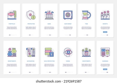 Banking finance and accounting vector illustration. UX, UI onboarding mobile app page screen set with line bank services to protect money investments, safe account financial technology outline