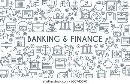 Banking and finance banner. Design template with thin line icons on theme finance, investment, market research, financial analysis, savings. Vector illustration