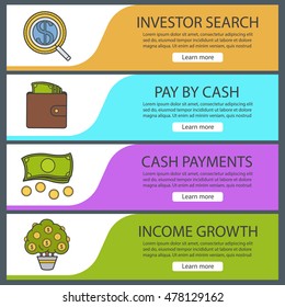 Banking and finance banner templates set. Easy to edit. Investor search, purse with money, cash stack, money tree. Website menu items. Color web banner. Vector headers design concepts