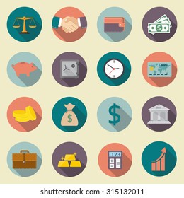 banking, finance, business, money. Color Icons set with long shadow, isolated on white background. Flat design. Vector illustration.